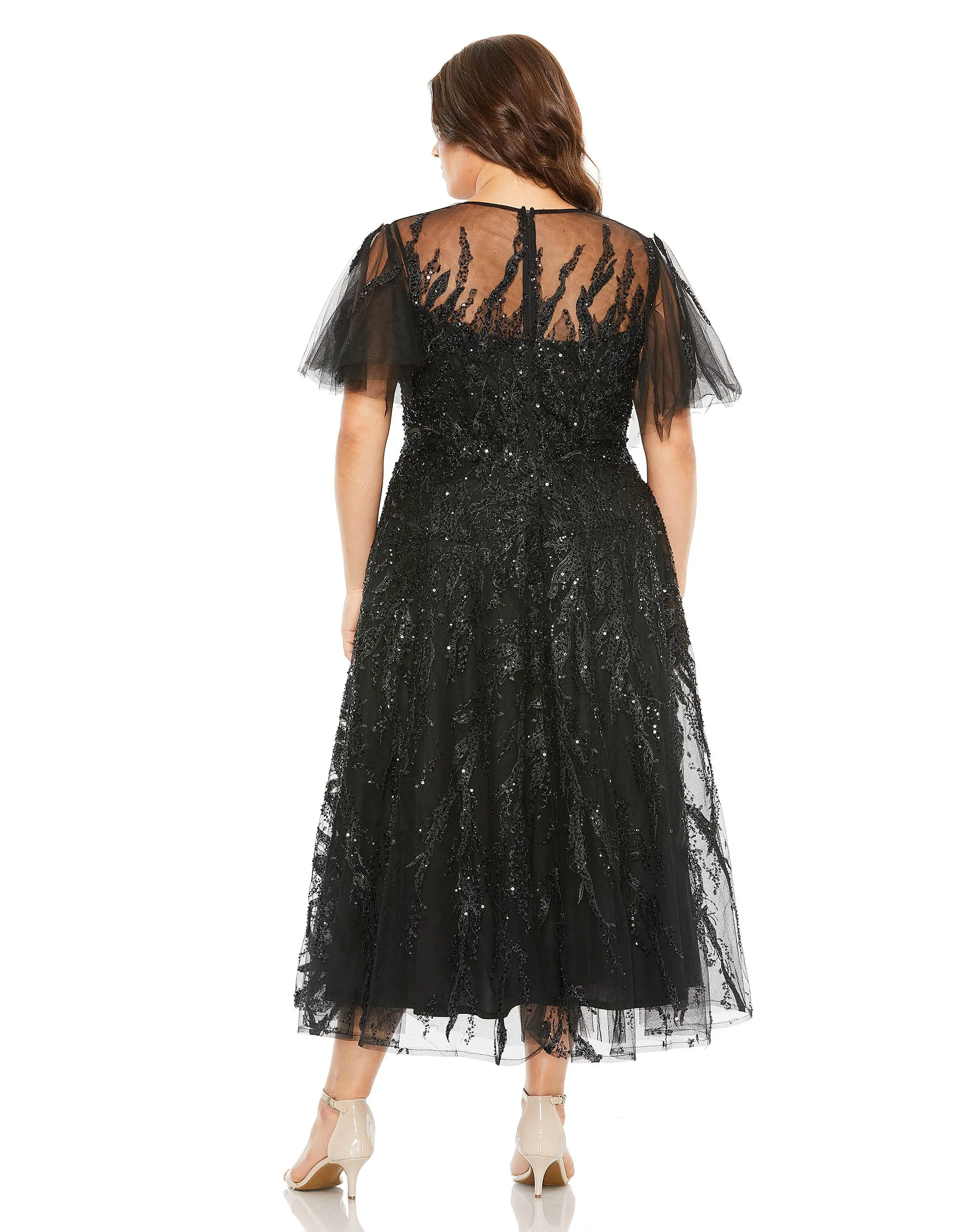 Purple High Neck Flutter Sleeve A Line Embellished Dress sold by Mac Duggal product image thumbnail 3