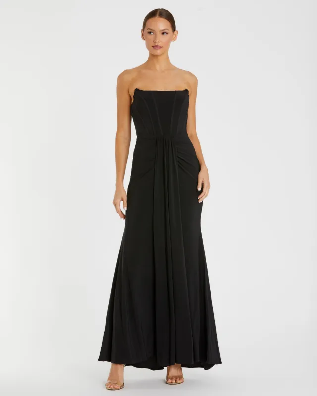 Black Strapless Corset A-Line Jersey Gown sold by Mac Duggal