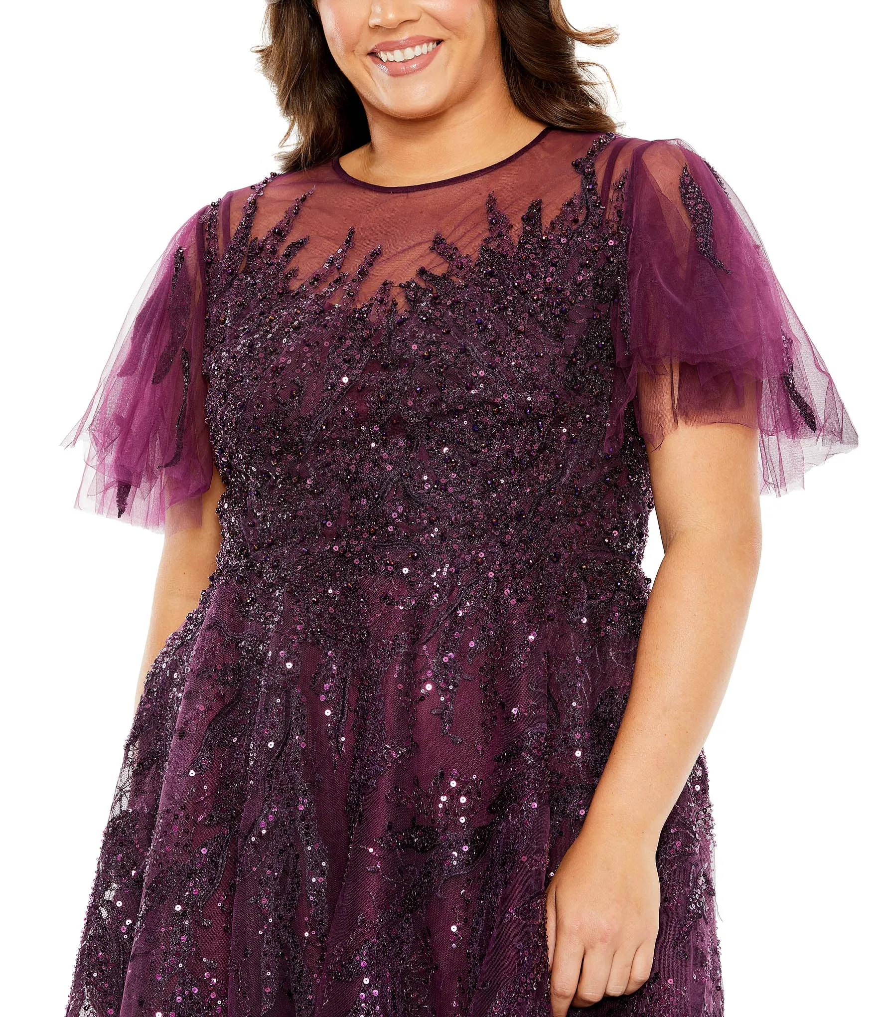 Purple High Neck Flutter Sleeve A Line Embellished Dress sold by Mac Duggal product image thumbnail 5