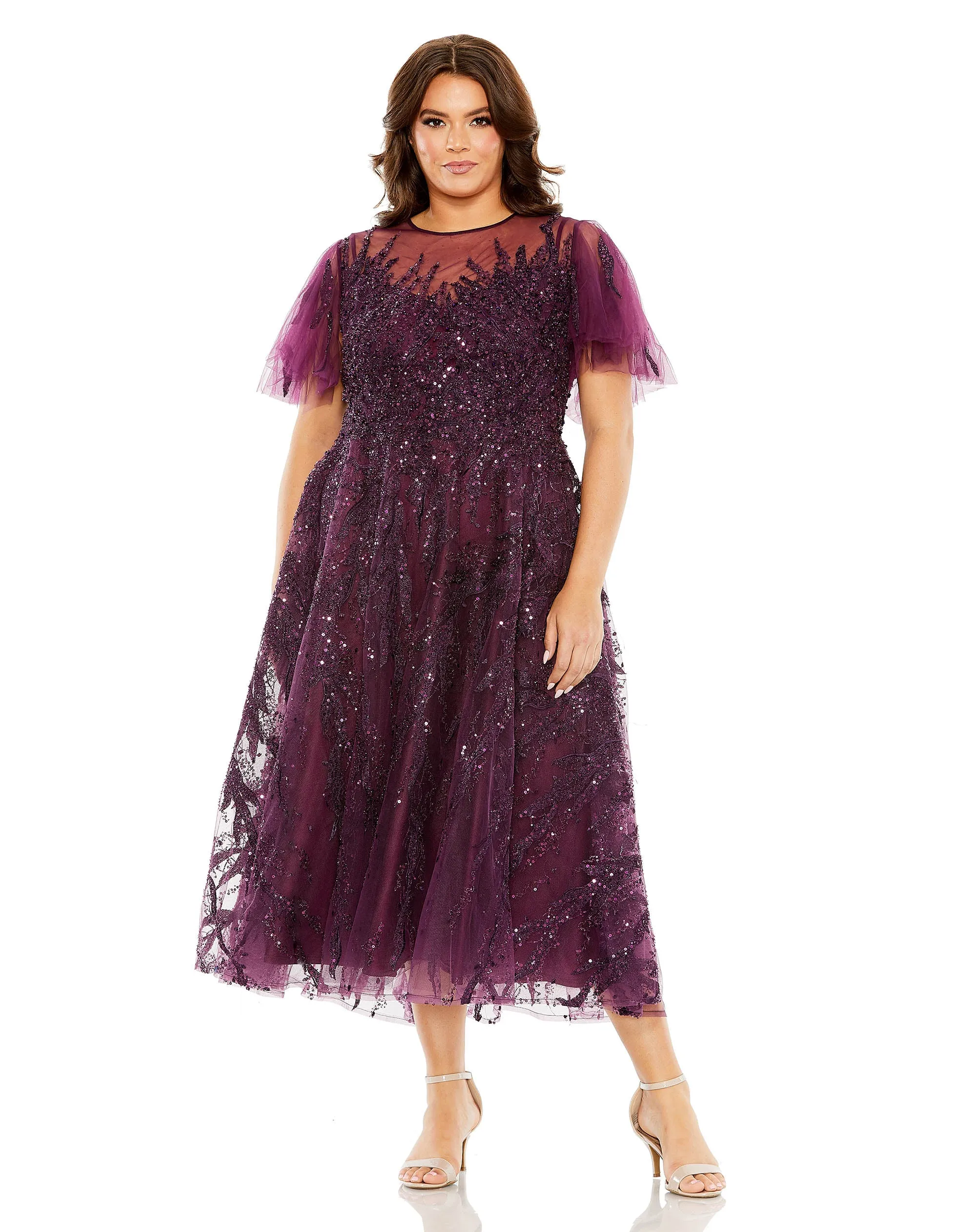 Purple High Neck Flutter Sleeve A Line Embellished Dress sold by Mac Duggal product image thumbnail 4