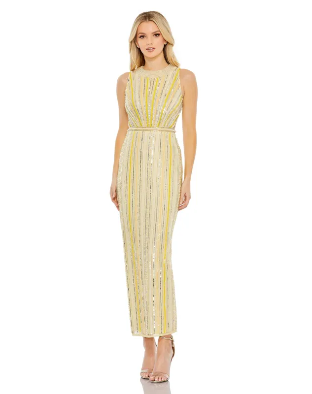 Yellow Embellished Halter Neckline Sheath Dress made by Mac Duggal