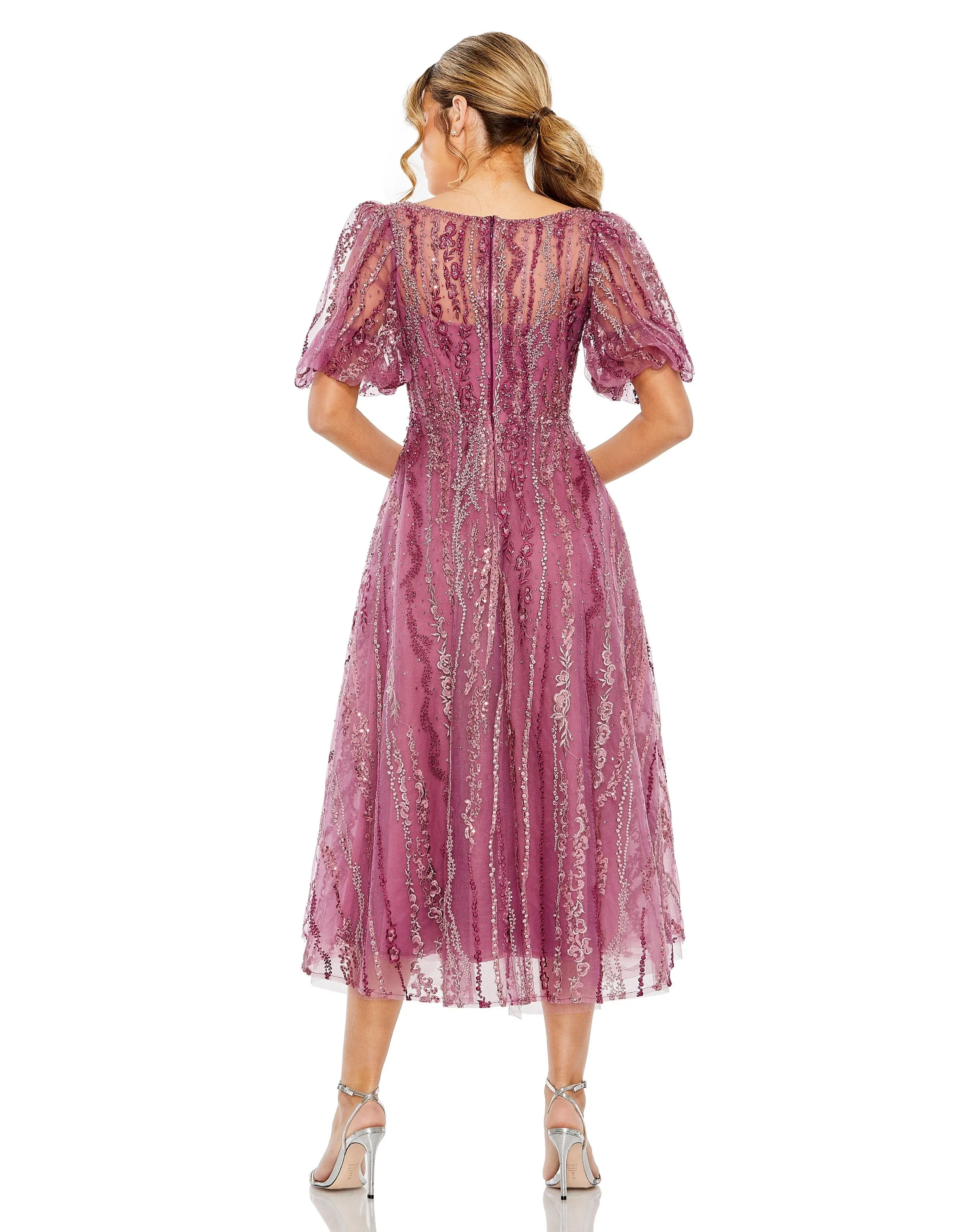 Purple High Neck Puff Sleeve Embellished A Line Dress sold by Mac Duggal product image thumbnail 3