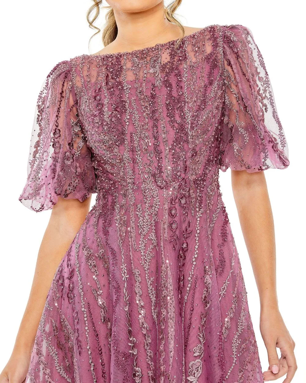 Purple High Neck Puff Sleeve Embellished A Line Dress sold by Mac Duggal product image thumbnail 2