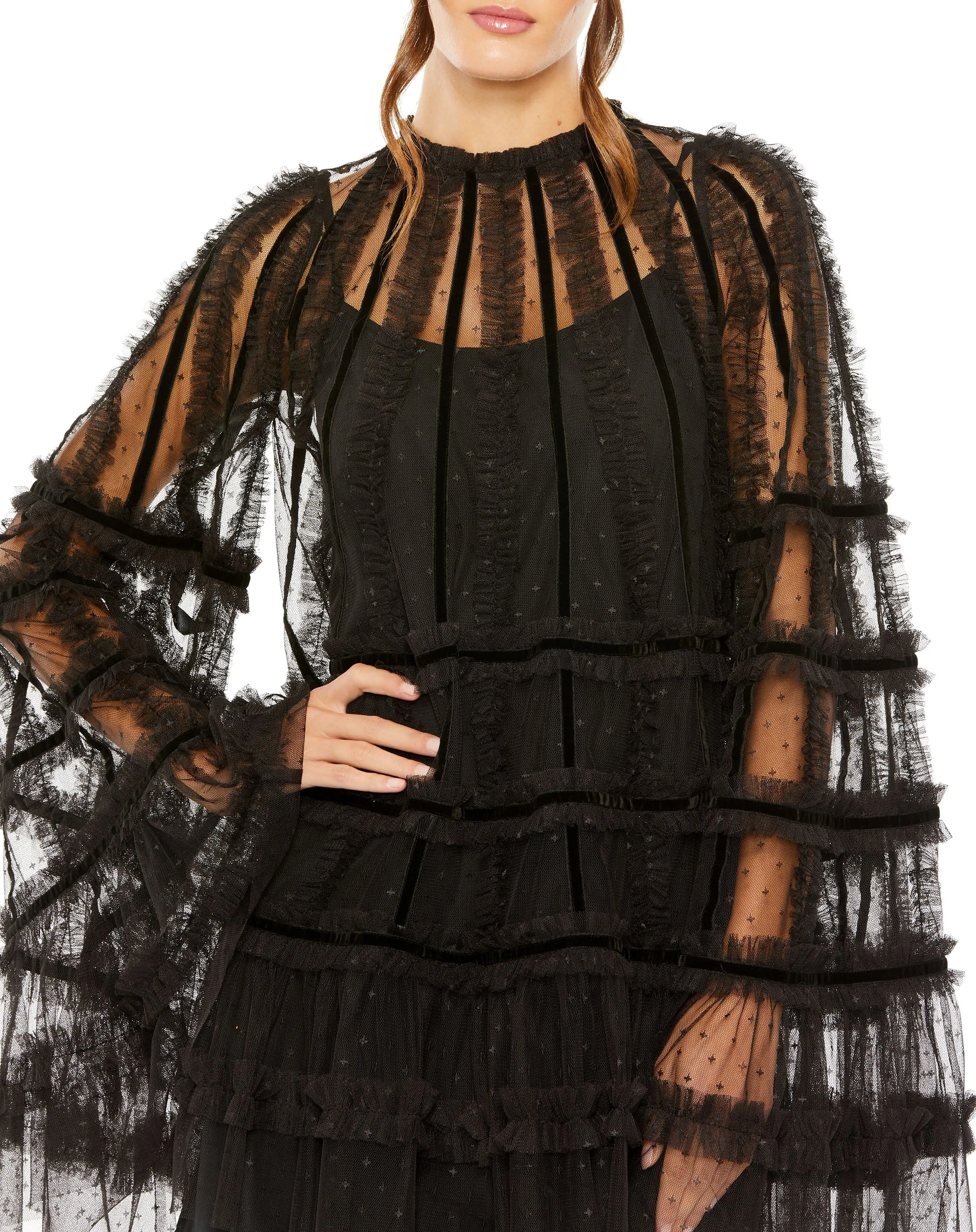 Black High Neck Ruffle Bell Sleeve Trapeze Dress sold by Mac Duggal product image thumbnail 5