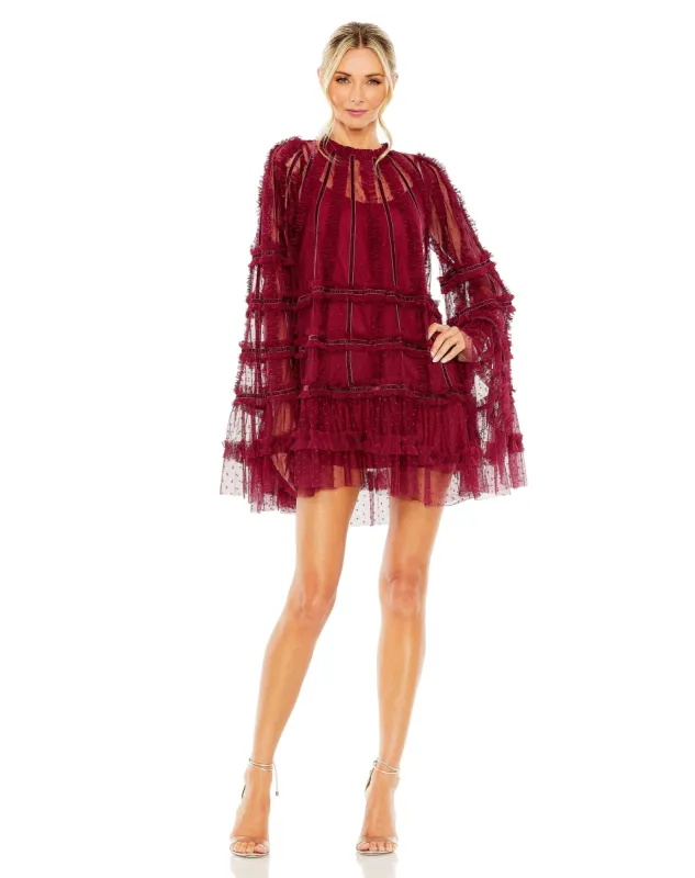 Black High Neck Ruffle Bell Sleeve Trapeze Dress sold by Mac Duggal