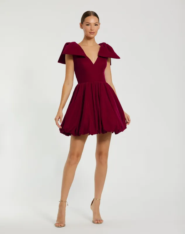 Red Velvet Shoulder Bow Bubble Mini Dress sold by Mac Duggal