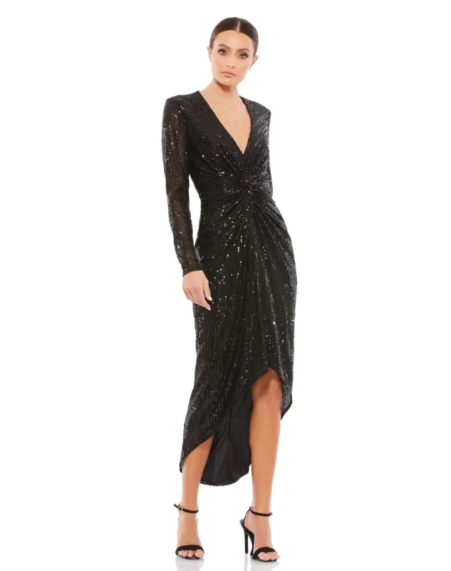 Gold Sequined High Low Front Twist Midi Dress sold by Mac Duggal
