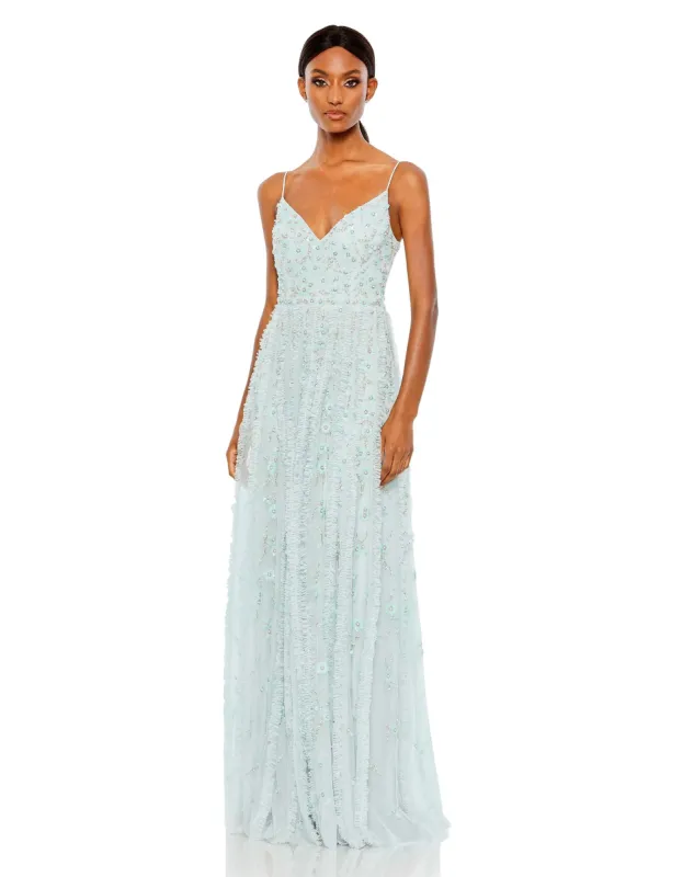Blue Embellished Ruffled Spaghetti Strap A Line Gown - FINAL SALE sold by Mac Duggal
