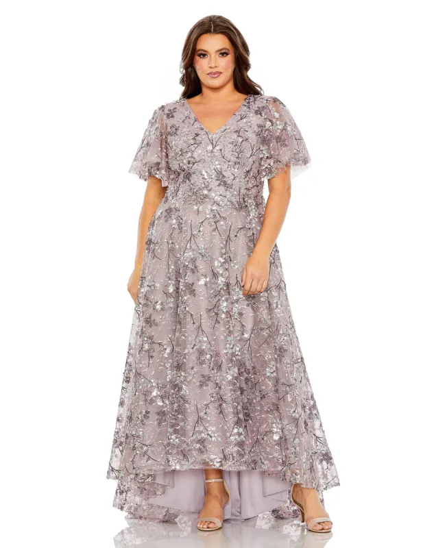 【Mac Duggal】Queen Anne パフスリーブ Aライン ドレス Pink Queen Anne Puff Sleeve A-Line Gown | Mac Duggal