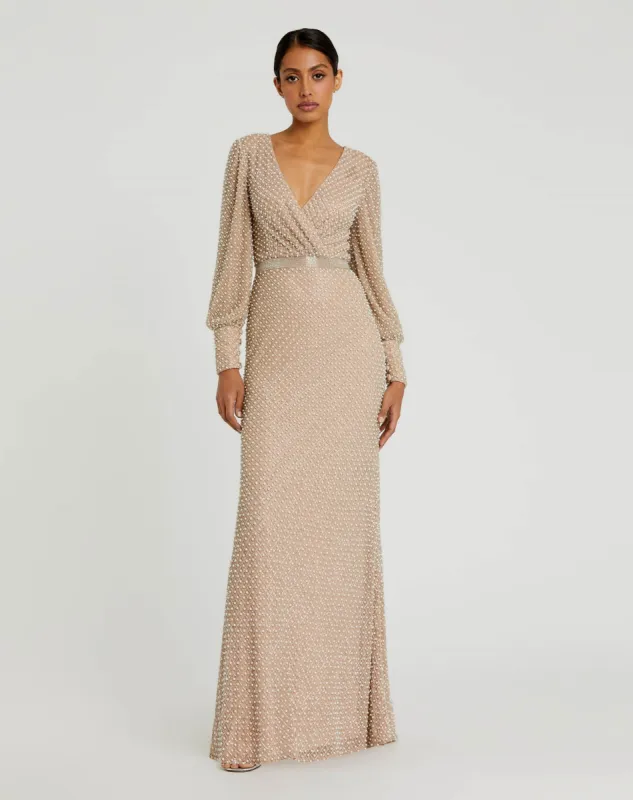 Beige Wrap Over Bishop Sleeve Gown With Pearl Beading sold by Mac Duggal