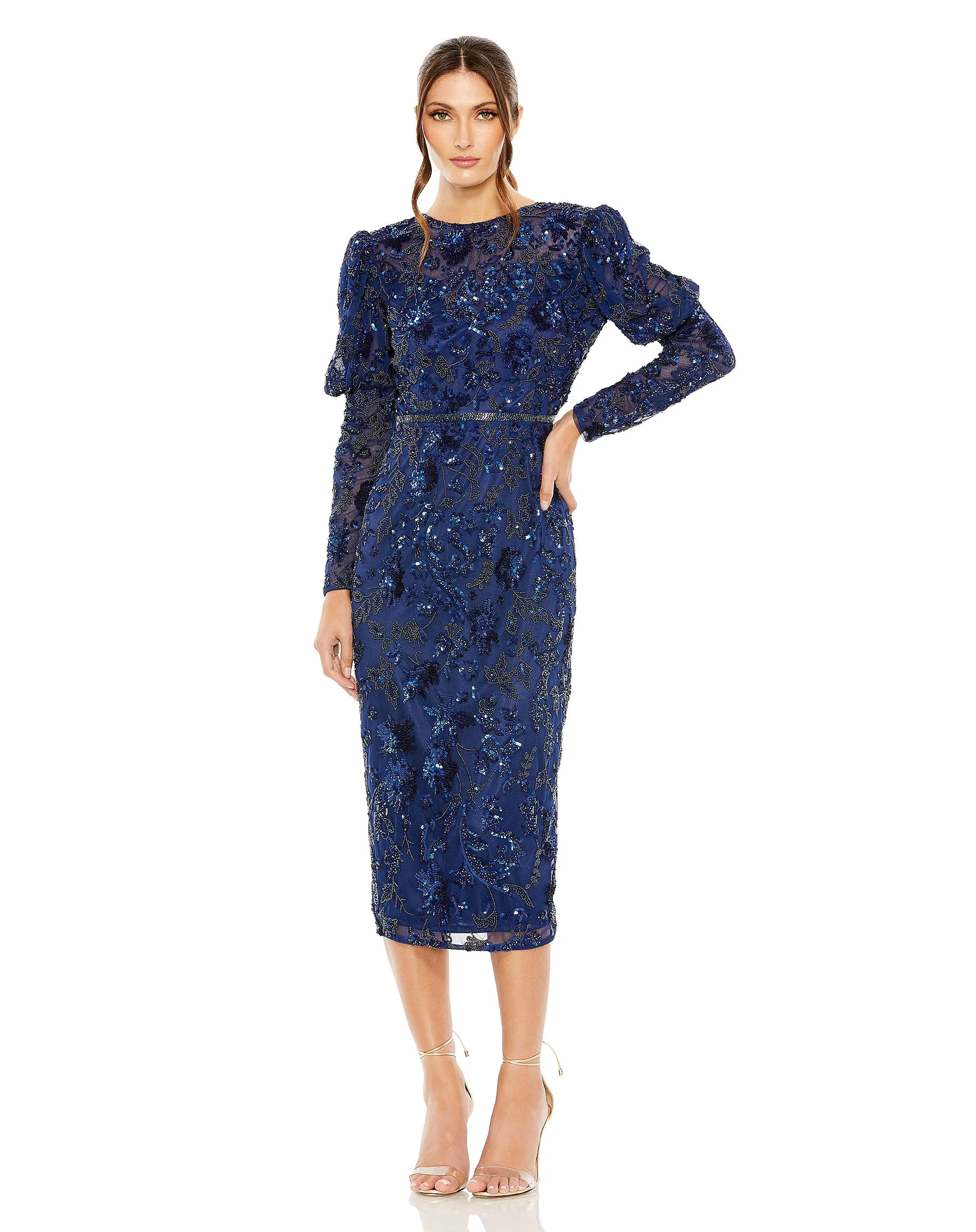 Navy Embellished Puff Sleeve High Neck Dress sold by Mac Duggal