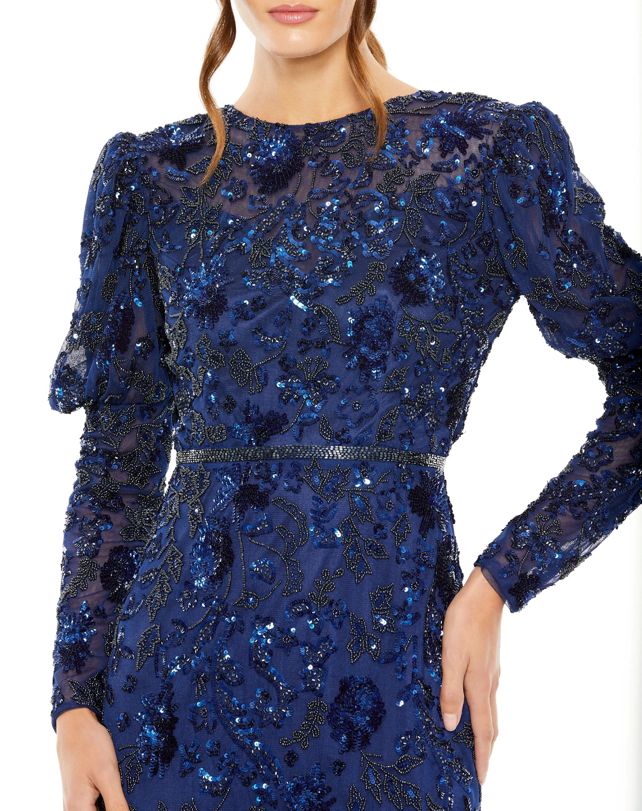 Navy Embellished Puff Sleeve High Neck Dress sold by Mac Duggal product image thumbnail 2