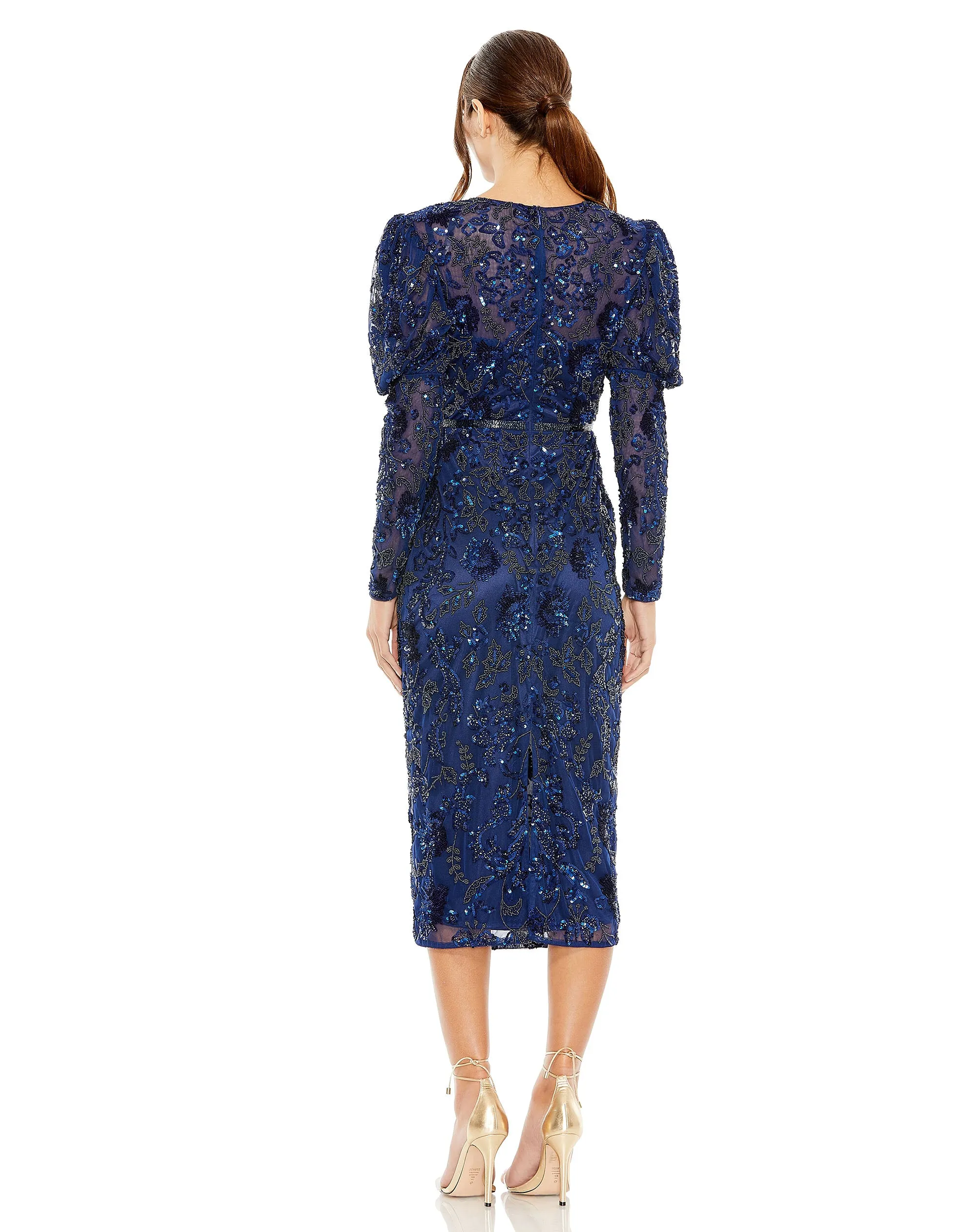 Navy Embellished Puff Sleeve High Neck Dress sold by Mac Duggal product image thumbnail 3