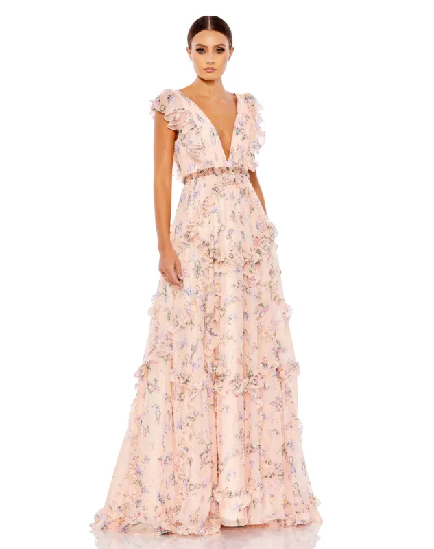Pink Multicolor Ruffled Floral Print Cap Sleeve Gown sold by Mac Duggal