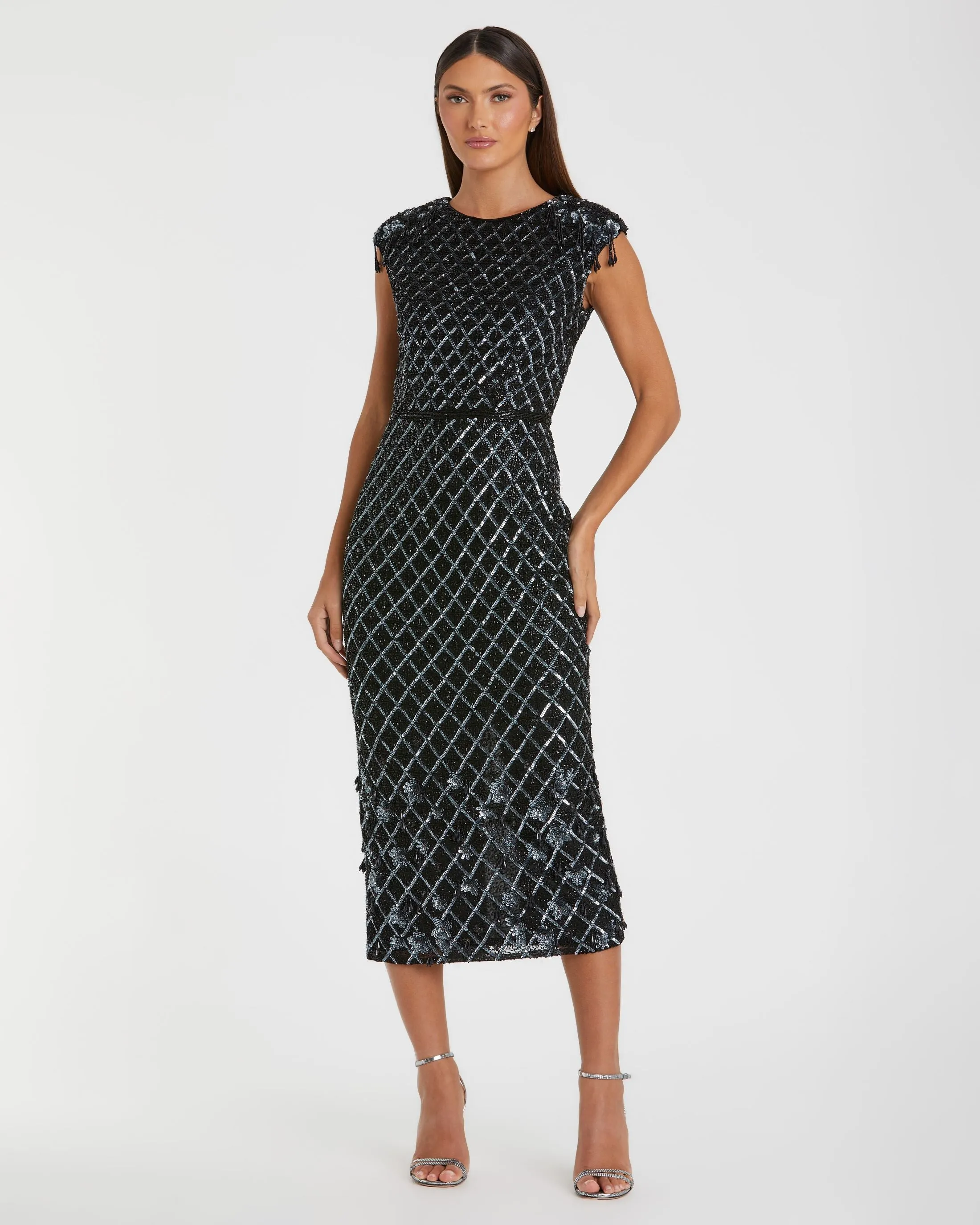 Black High Neck Dress w/ Crystal Fringe Detail sold by Mac Duggal