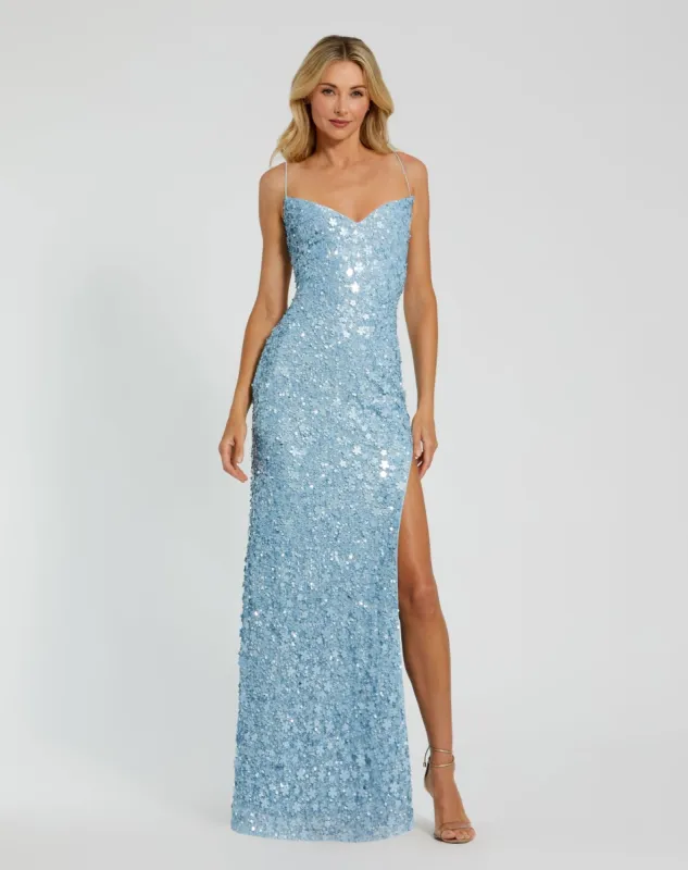 Blue Embellished Spaghetti Strap Sweetheart Gown with Slit sold by Mac Duggal