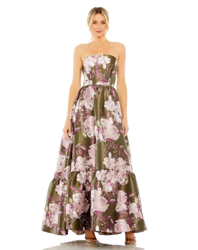 Green Strapless Bottom Ruffle Floral Gown sold by Mac Duggal