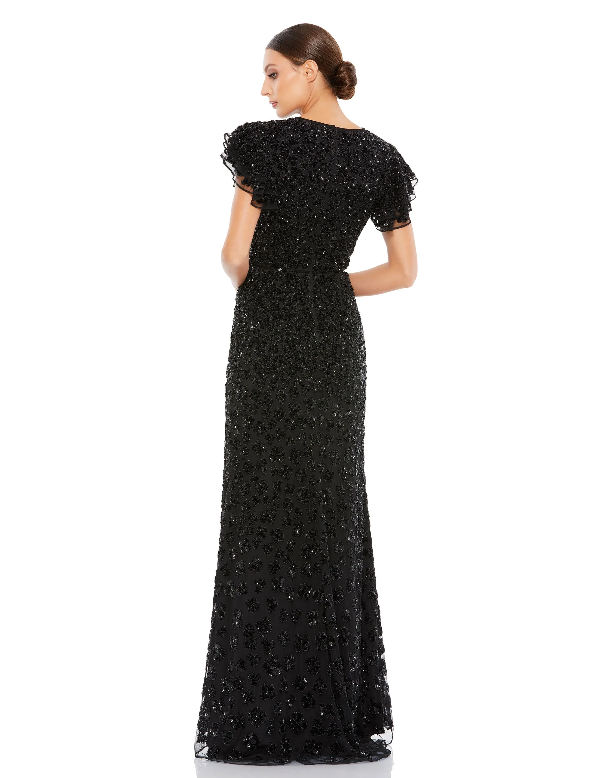 Black High Neck Flutter Cap Sleeve Gown sold by Mac Duggal product image thumbnail 3