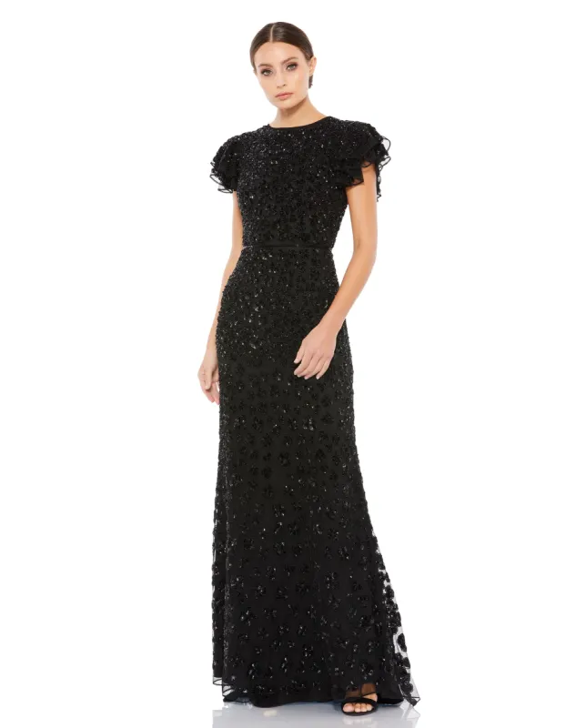 Black High Neck Flutter Cap Sleeve Gown sold by Mac Duggal