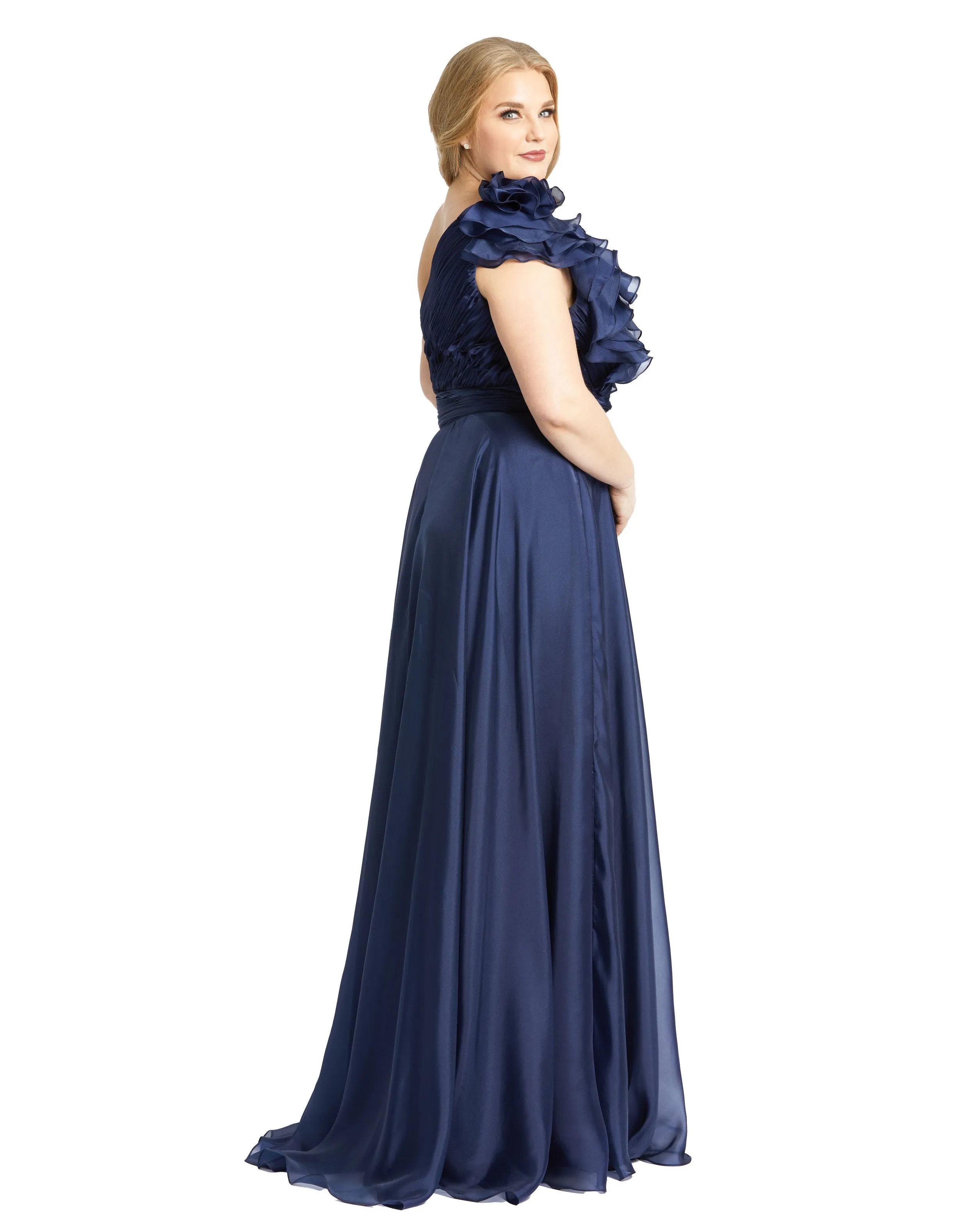 Navy One Shoulder Ruffle Evening Gown (Plus) sold by Mac Duggal product image thumbnail 5