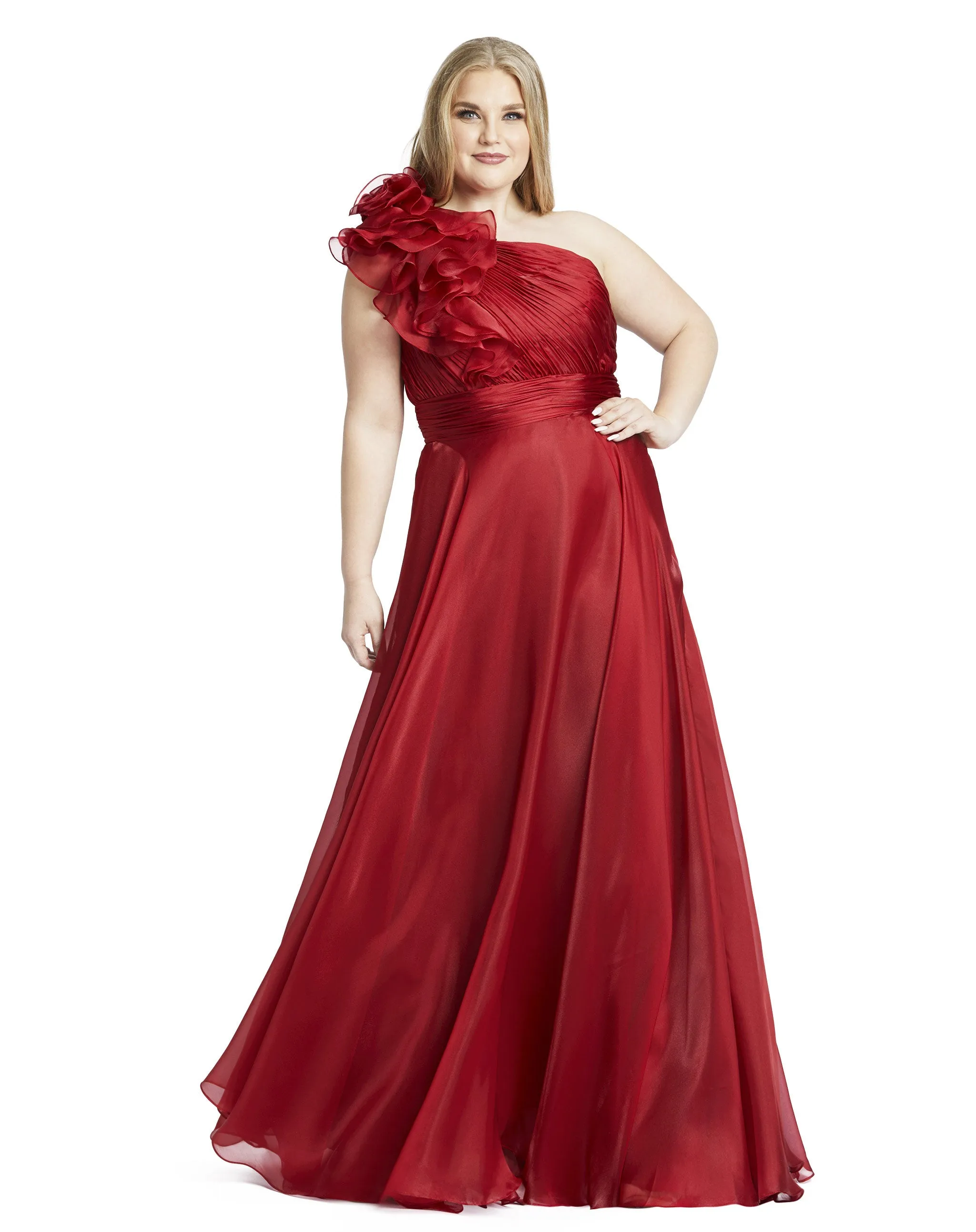 Navy One Shoulder Ruffle Evening Gown (Plus) sold by Mac Duggal