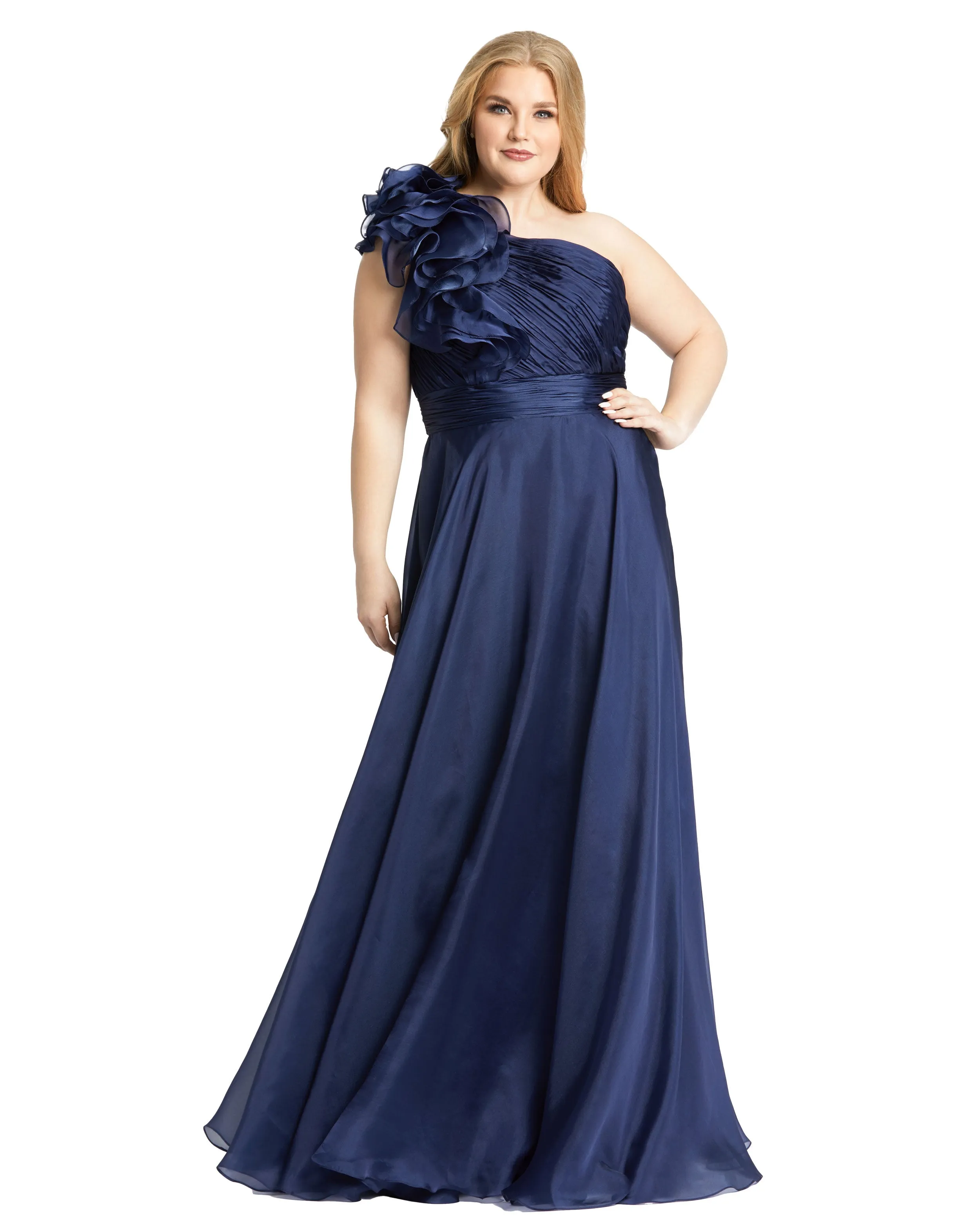 Navy One Shoulder Ruffle Evening Gown (Plus) sold by Mac Duggal product image thumbnail 4