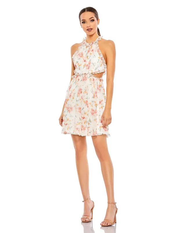 Floral Print Halter Neck Cut Out Mini Dress | Sample | Sz. 2 sold by Mac Duggal