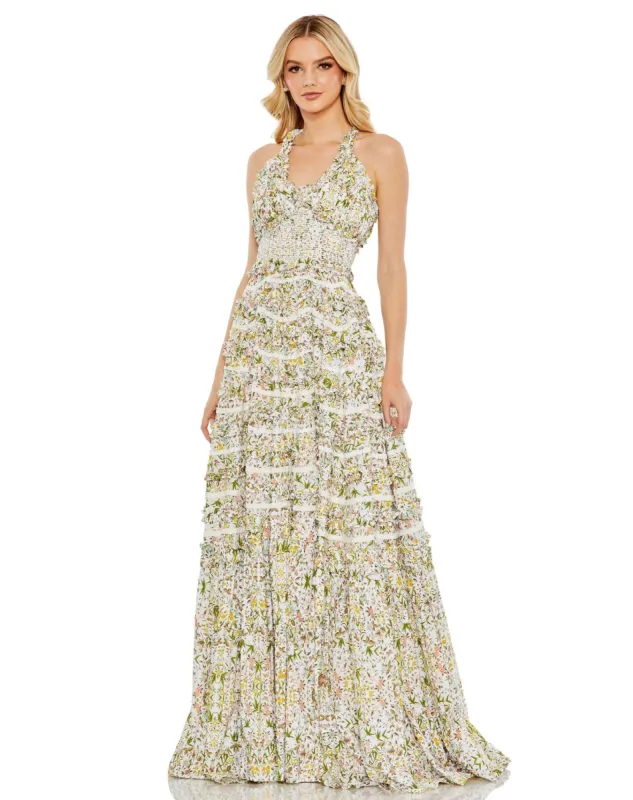 Multicolor Floral Cross Back Ruffle Tiered Smock Gown sold by Mac Duggal