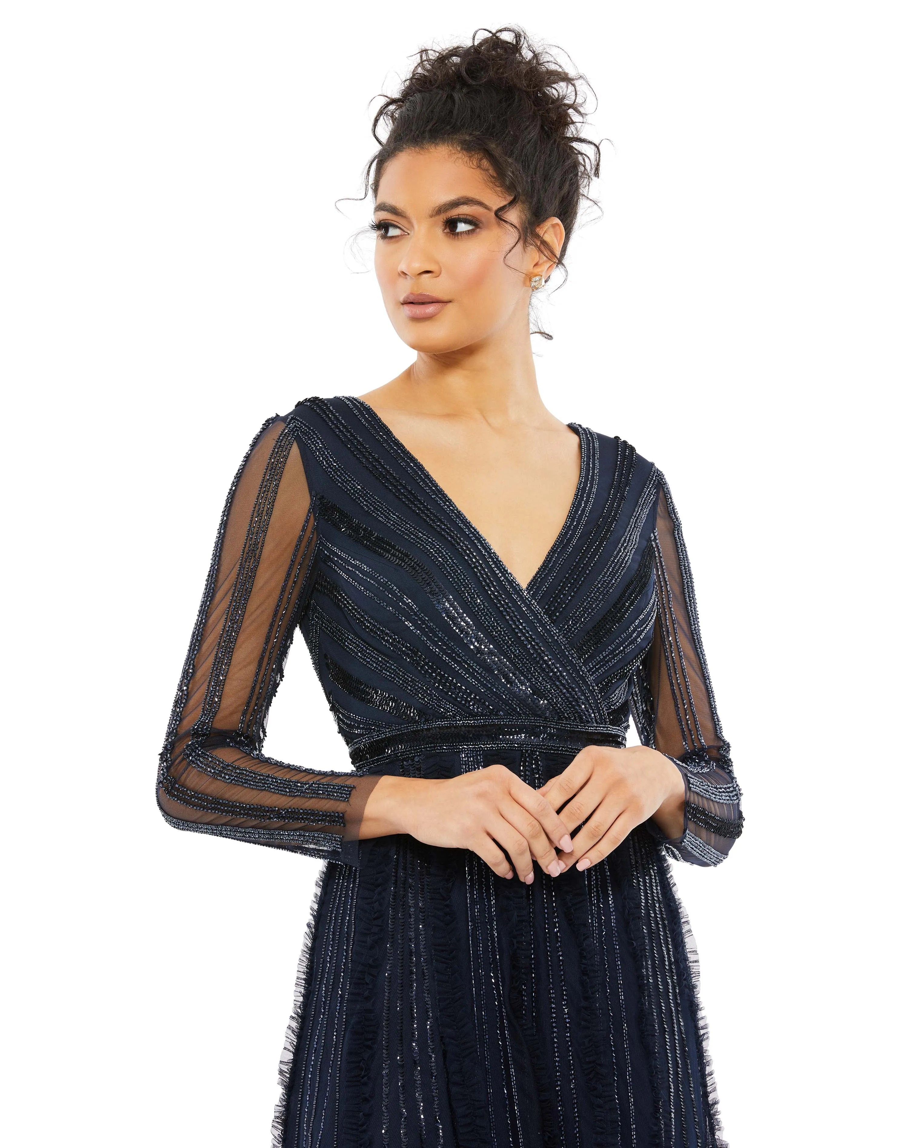 Navy Faux Wrap Illusion Long Sleeve Gown sold by Mac Duggal product image thumbnail 2