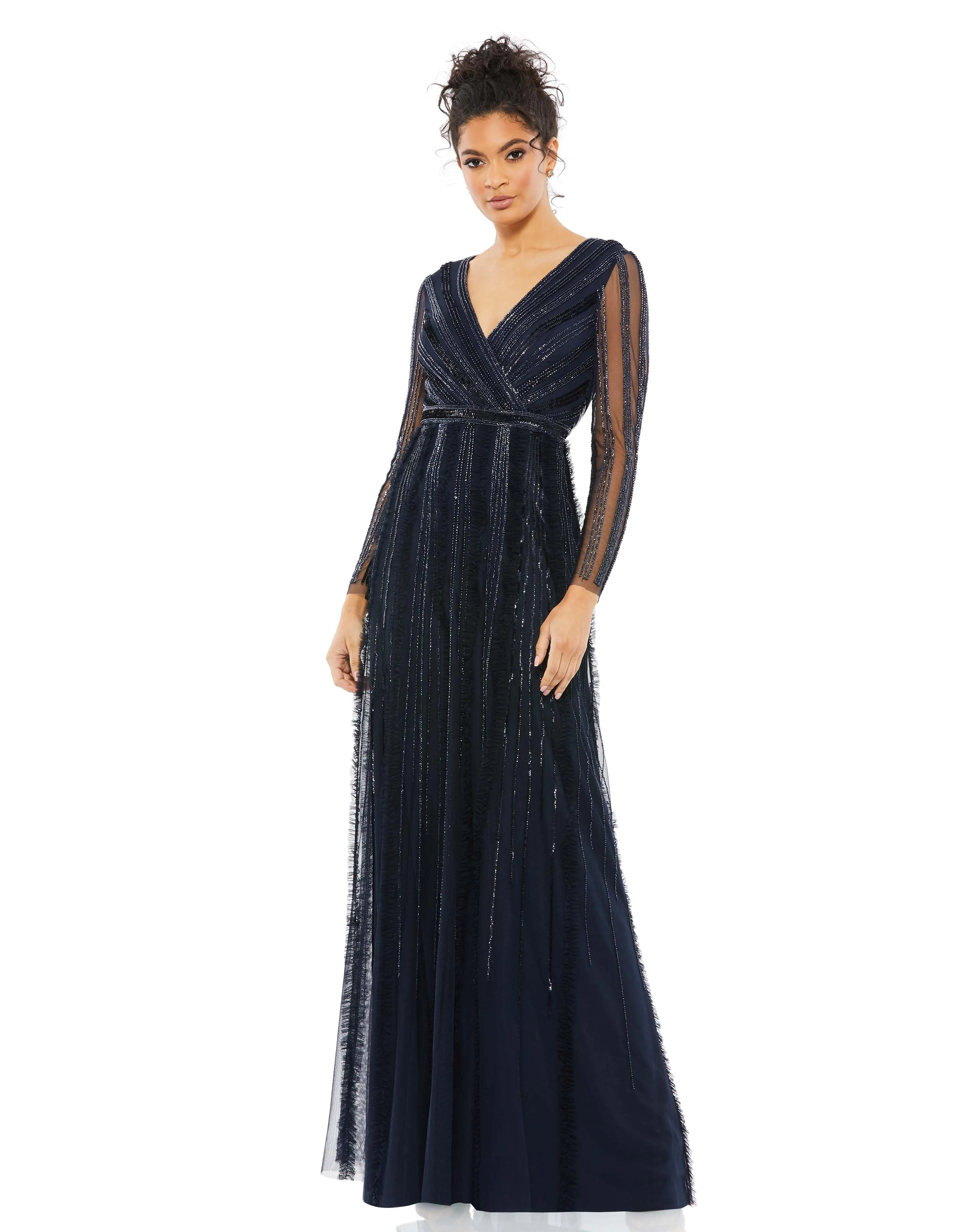 Navy Faux Wrap Illusion Long Sleeve Gown sold by Mac Duggal