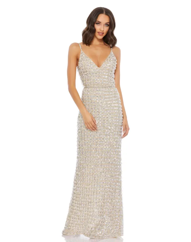 Beige Geometric Embellished Crystal Drop V-Neck Gown sold by Mac Duggal