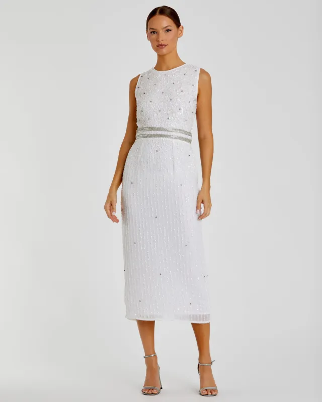 White Sleeveless High Neck Beaded Midi Sheath Dress sold by Mac Duggal