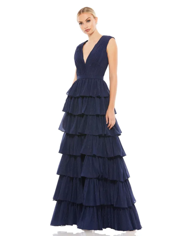 Navy Sparkly Ruffle Layered Gown sold by Mac Duggal