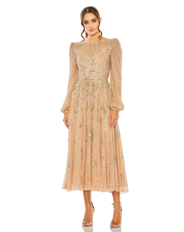 Floral Embellished High Neck Puff Long Sleeve A Line Midi Dress sold by Mac Duggal