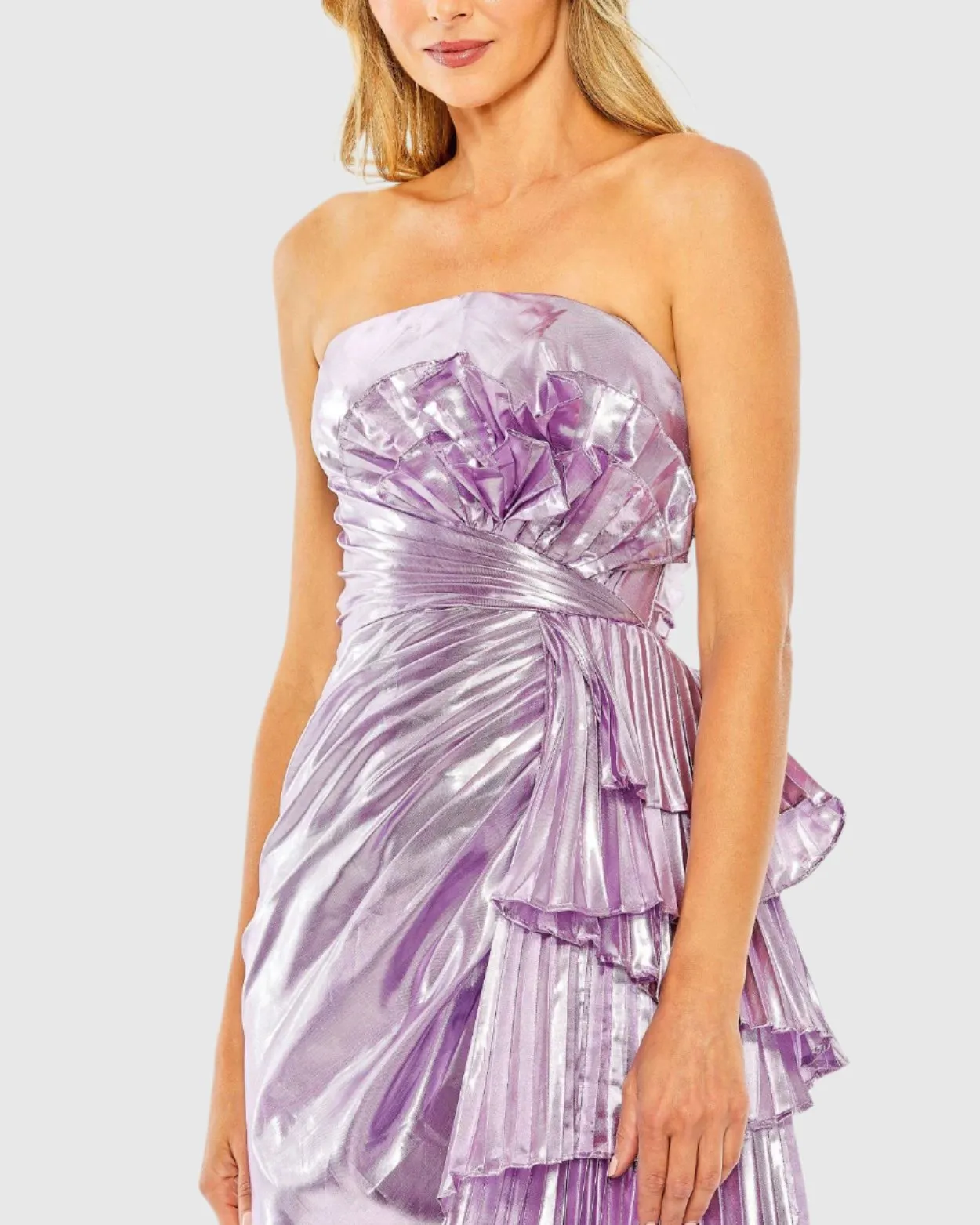 Purple Strapless Metallic Draped Detail Mini Dress sold by Mac Duggal product image thumbnail 5