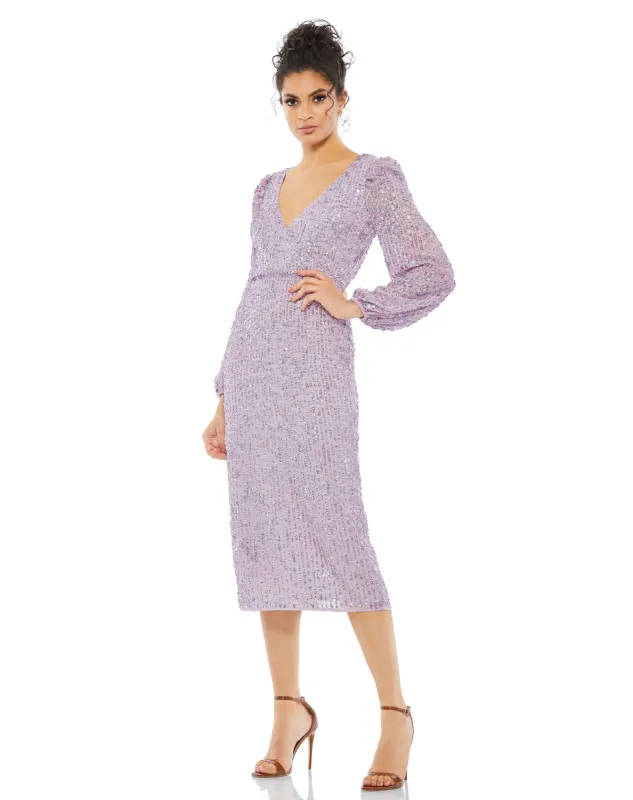 Purple Sequined Illusion Puff Sleeve V Neck Midi Dress sold by Mac Duggal