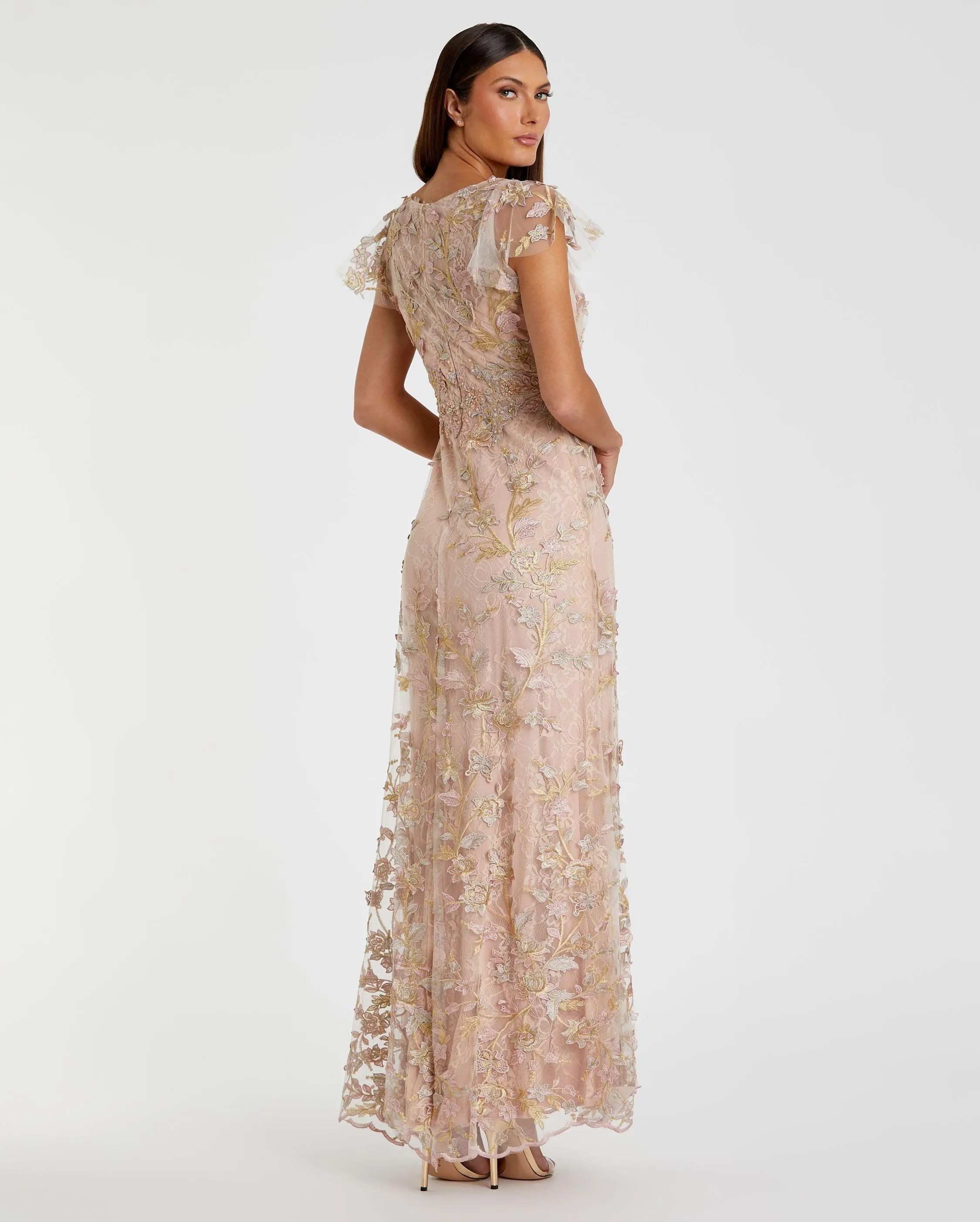 Pink Embroidered Applique Wrap Over Flutter Sleeve Gown sold by Mac Duggal product image thumbnail 3