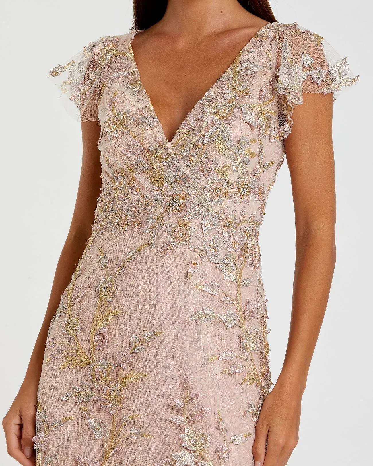 Pink Embroidered Applique Wrap Over Flutter Sleeve Gown sold by Mac Duggal product image thumbnail 2