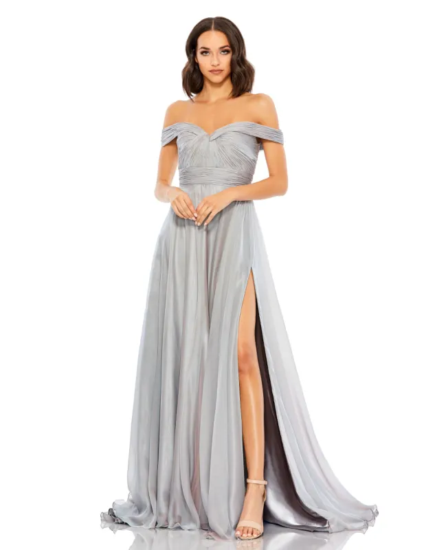 Gray Off The Shoulder Ruched A Line Gown sold by Mac Duggal