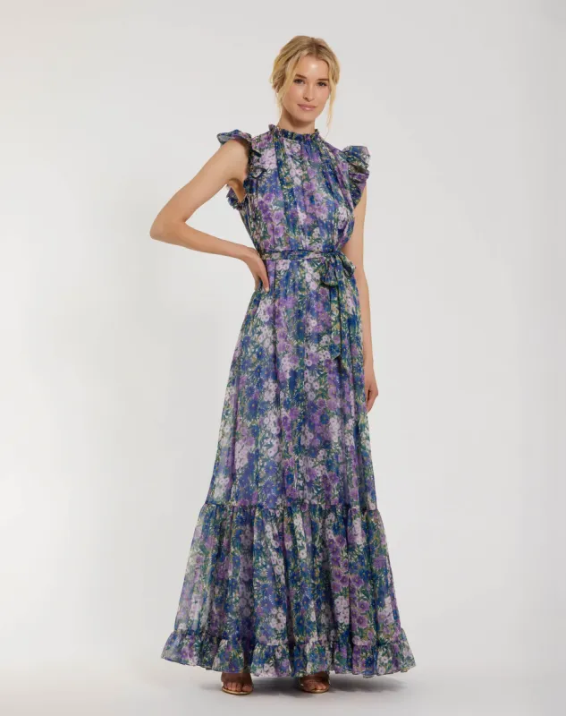 Purple Printed Chiffon Ruffle Sleeve Gown With Bow Belt sold by Mac Duggal