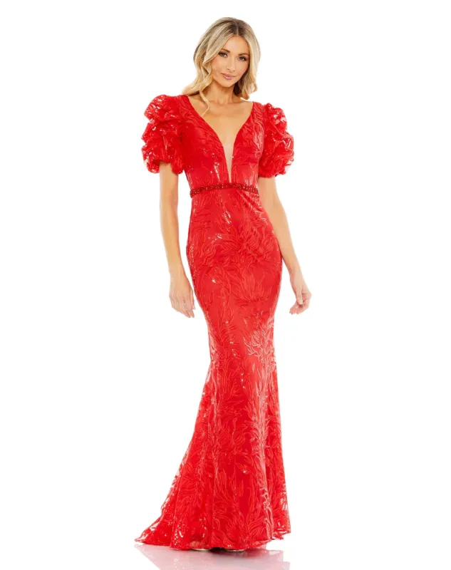 Embellished Puff Sleeve Plunge Neck Trumpet Gown sold by Mac Duggal