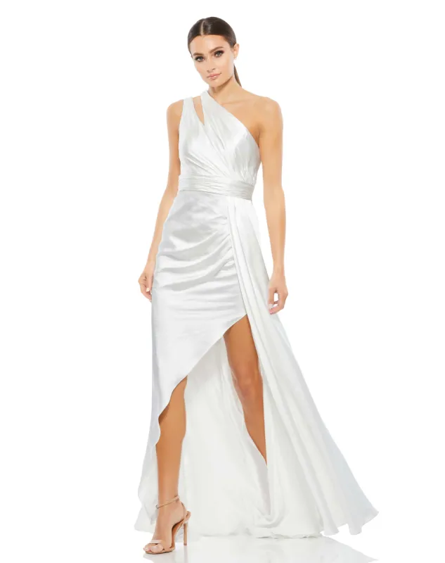 White One Shoulder Cutout Charmeuse Gown sold by Mac Duggal