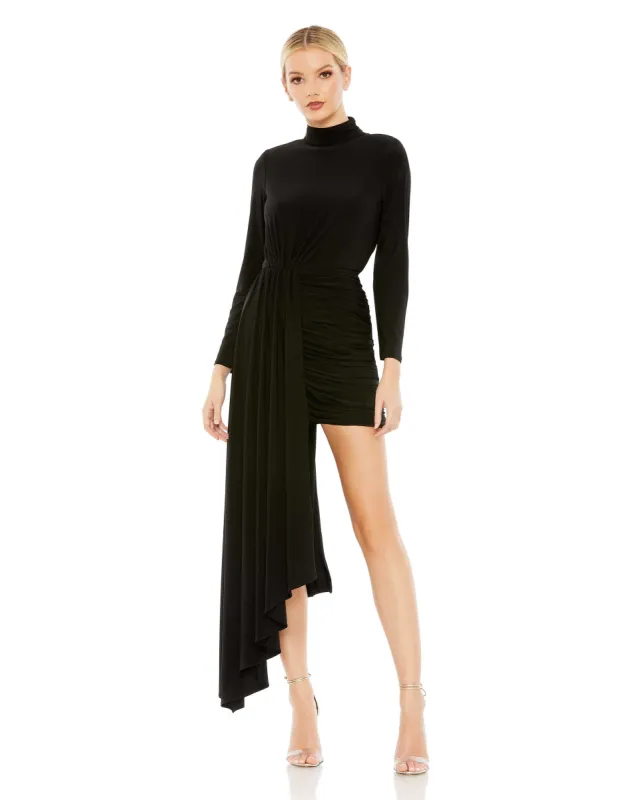 Black Jersey High Neck Asymmetrical Draped High Low Dress sold by Mac Duggal