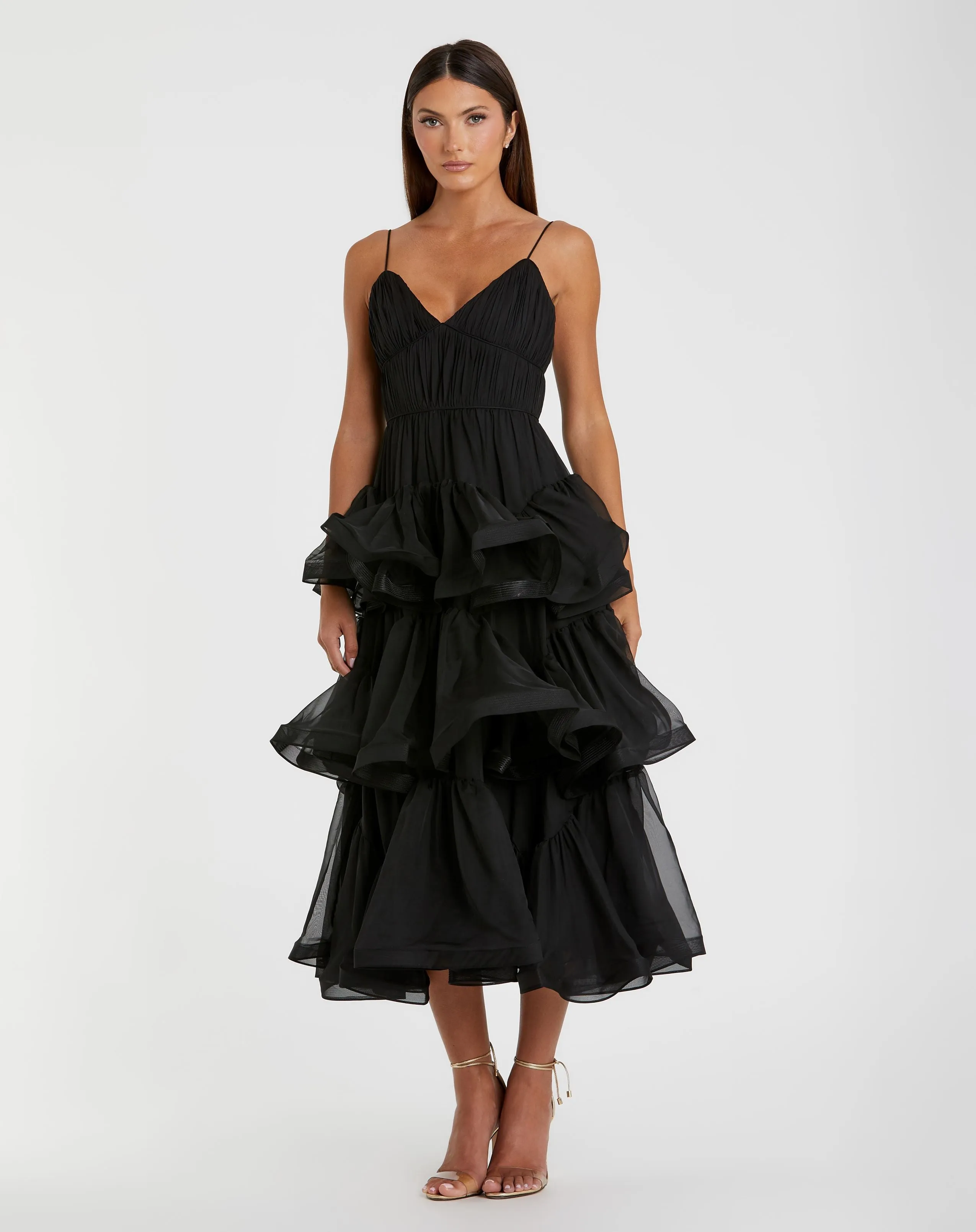 Black Tiered V-Neck Dress sold by Mac Duggal