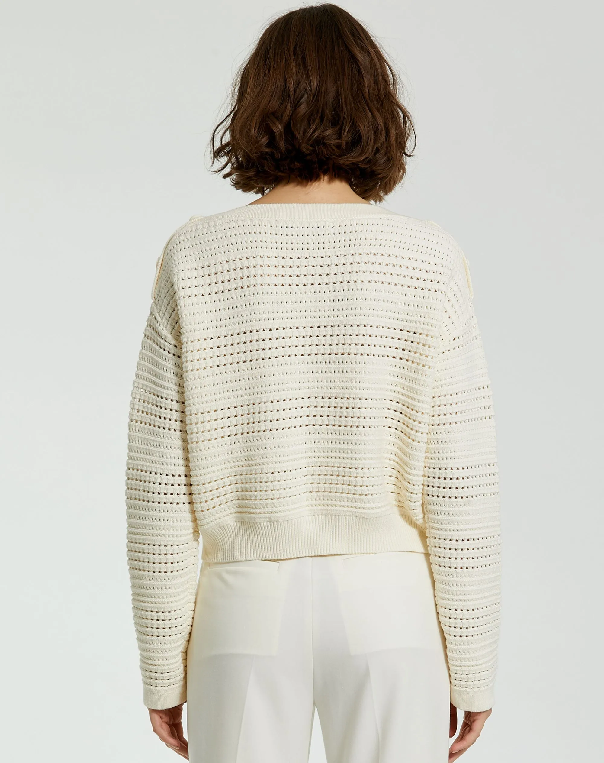 White Long Sleeve Crochet Knit Crew Neck Sweater With Pockets - FINAL SALE sold by Mac Duggal product image thumbnail 4