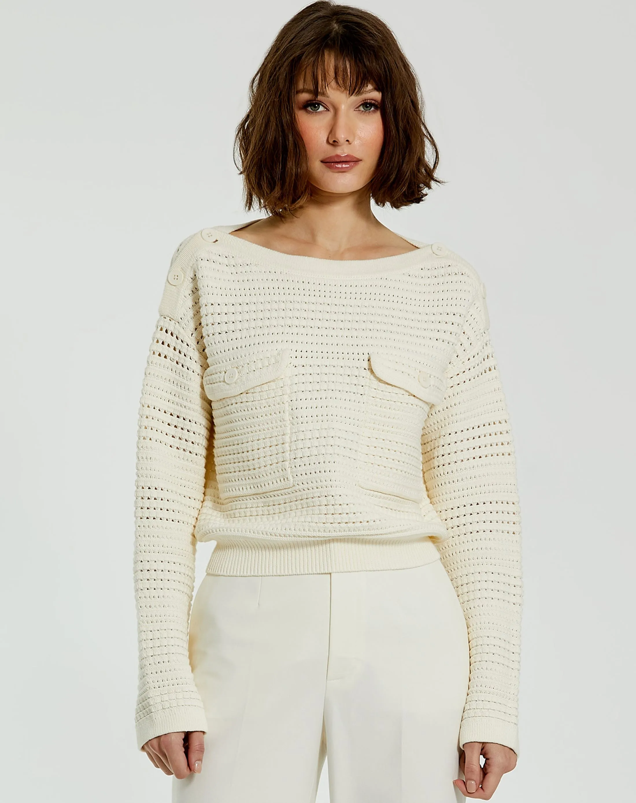 White Long Sleeve Crochet Knit Crew Neck Sweater With Pockets - FINAL SALE sold by Mac Duggal