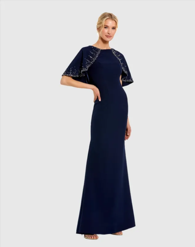 Navy Crepe High Neck Fitted Gown With Beaded Shawl sold by Mac Duggal