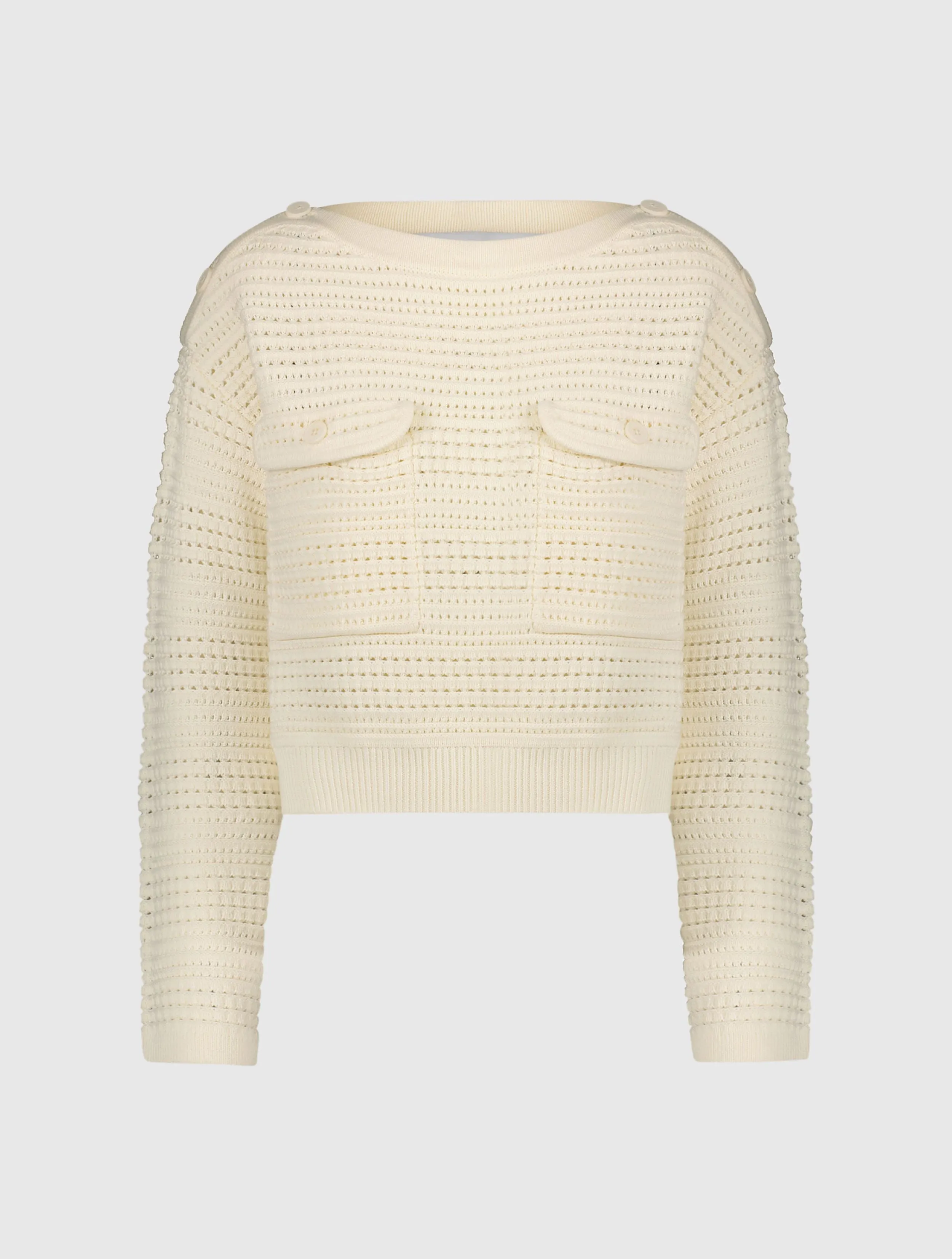 White Long Sleeve Crochet Knit Crew Neck Sweater With Pockets - FINAL SALE sold by Mac Duggal product image thumbnail 2