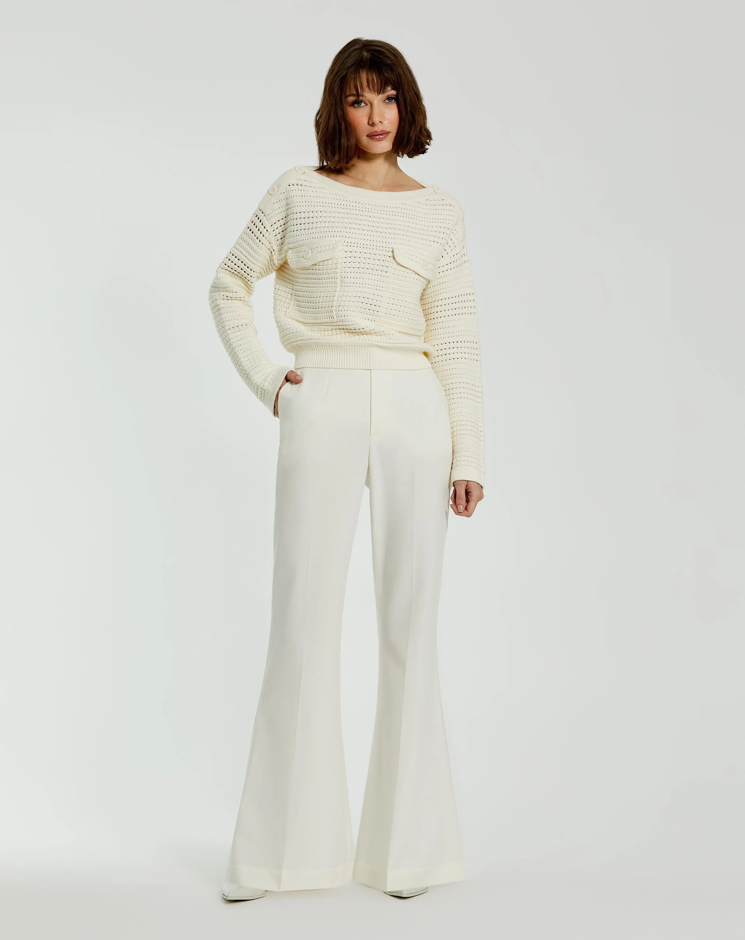 White Long Sleeve Crochet Knit Crew Neck Sweater With Pockets - FINAL SALE sold by Mac Duggal product image thumbnail 3