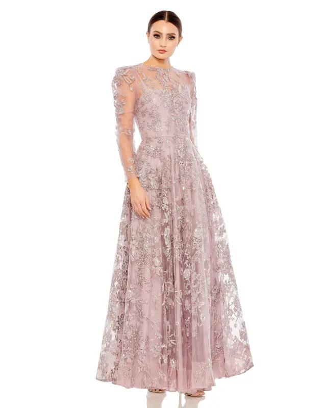 Purple Embroidered Illusion High Neck A Line Dress sold by Mac Duggal